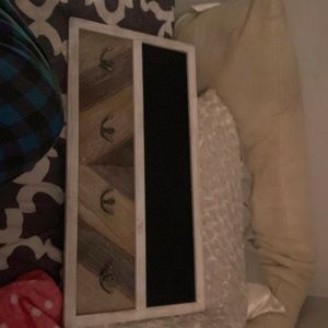 White and wood hook wall decor black chalkboard top